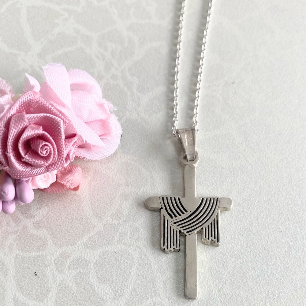 Silver Cross Pendant Necklace with Draped Shroud Design - Women Jewelry